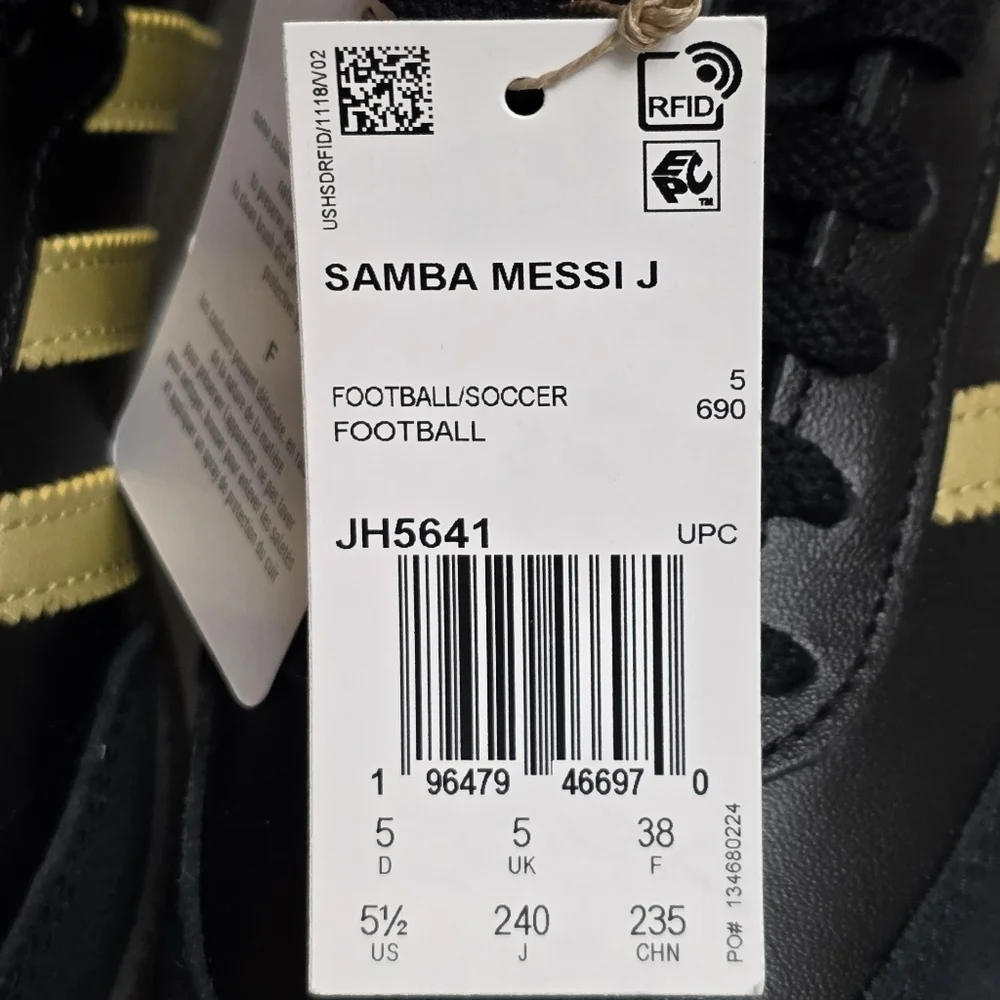Adidas Samba Messi Boys Grade School Black Gold Metallic Gum JH5641 Size 5.5 New